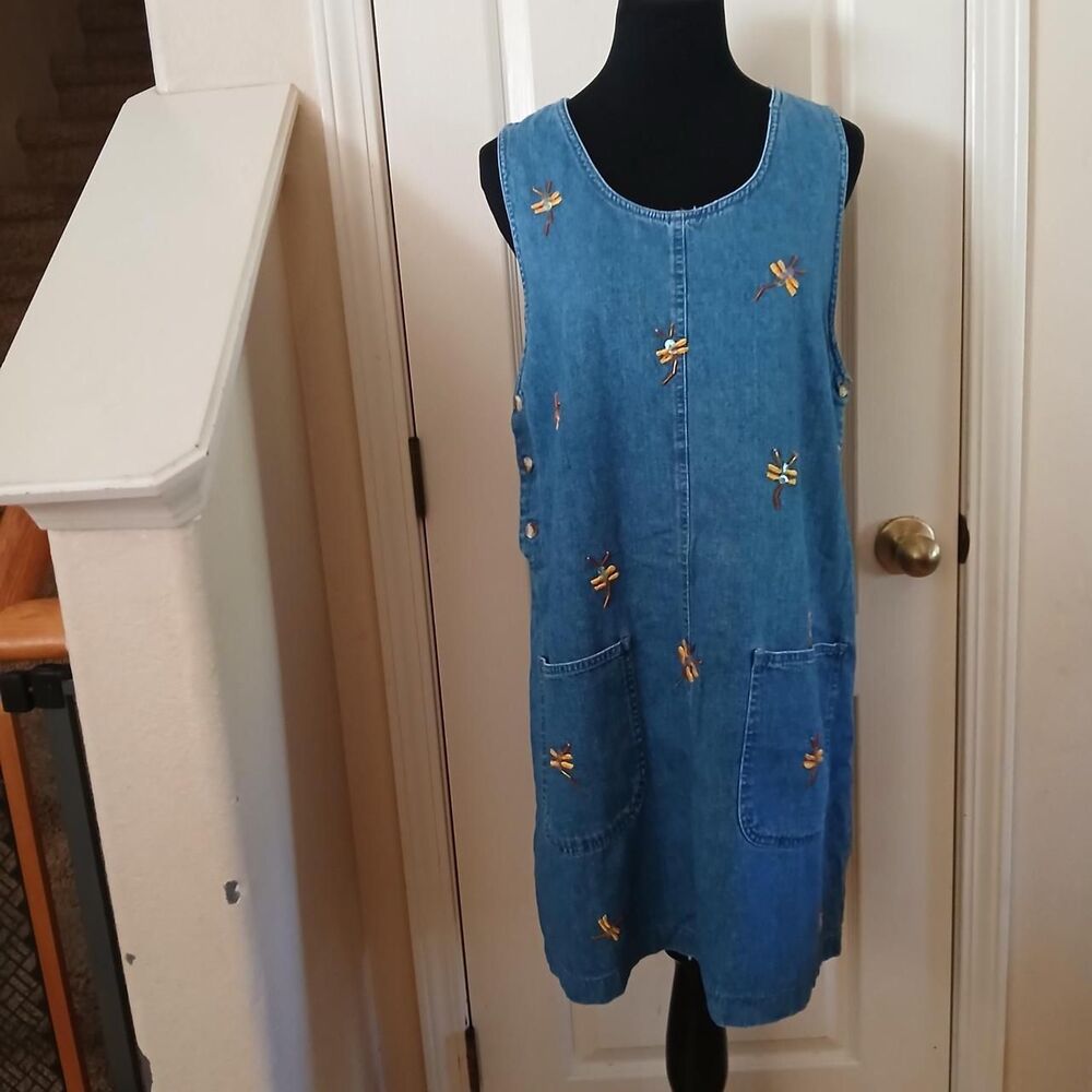 Vintage 90s Blue J. Embroidered Beaded Dragonfly Denim Jumper Dress M Fairy Boho